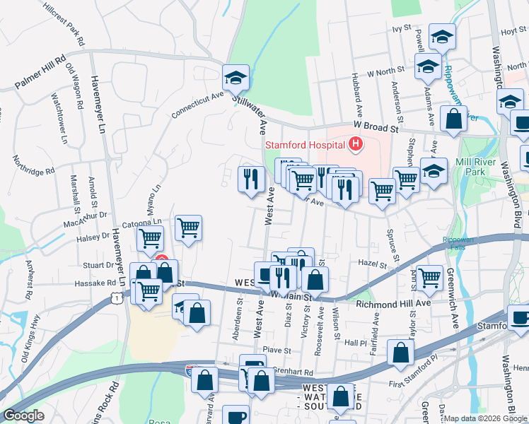 map of restaurants, bars, coffee shops, grocery stores, and more near 11 Burr Street in Stamford