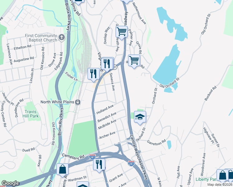 map of restaurants, bars, coffee shops, grocery stores, and more near 24 Seneca Avenue in White Plains