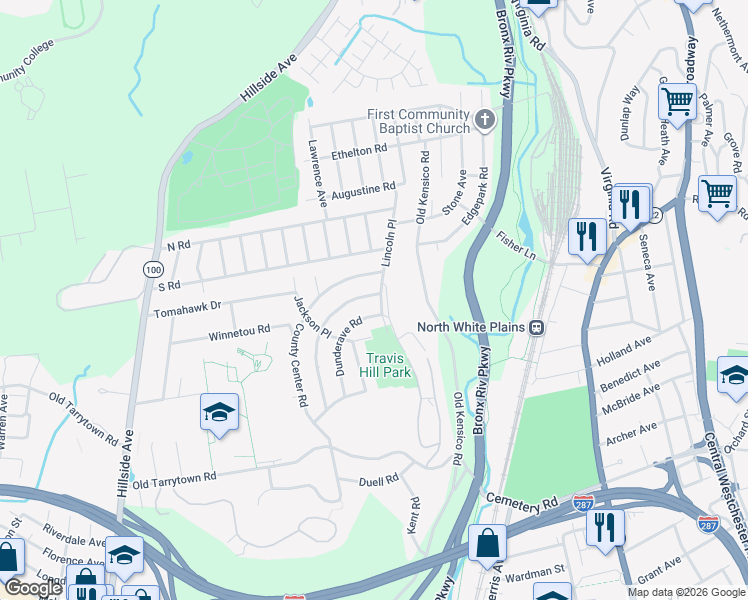 map of restaurants, bars, coffee shops, grocery stores, and more near 2 Wyndover Woods Lane in White Plains