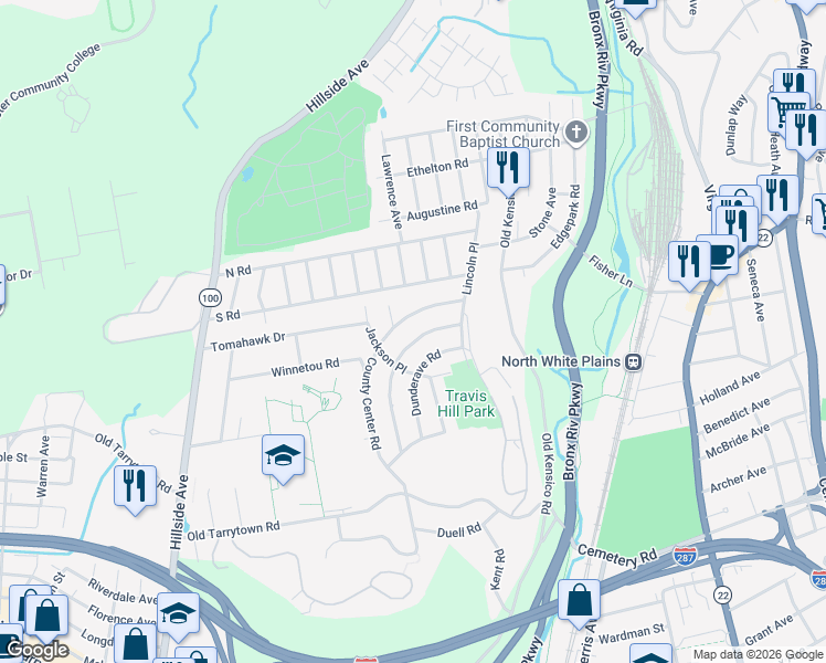 map of restaurants, bars, coffee shops, grocery stores, and more near 8 Manitou Trail in White Plains