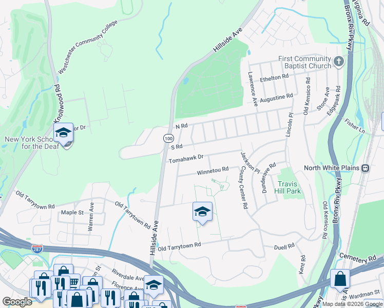 map of restaurants, bars, coffee shops, grocery stores, and more near 17 Tomahawk Drive in White Plains