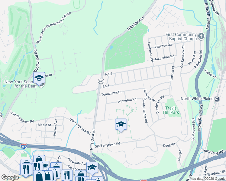 map of restaurants, bars, coffee shops, grocery stores, and more near 5 Tomahawk Drive in White Plains