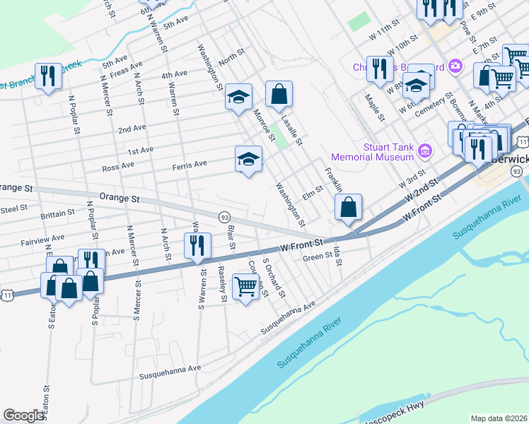 map of restaurants, bars, coffee shops, grocery stores, and more near 845 Orange Street in Berwick