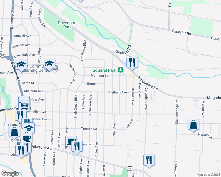 map of restaurants, bars, coffee shops, grocery stores, and more near 145 Stull Avenue in Akron