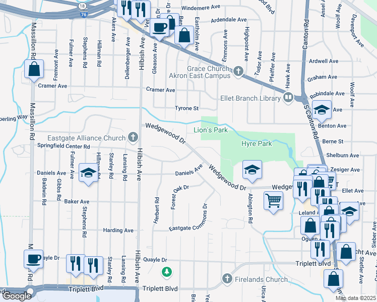map of restaurants, bars, coffee shops, grocery stores, and more near 2199 Springfield Center Road in Akron