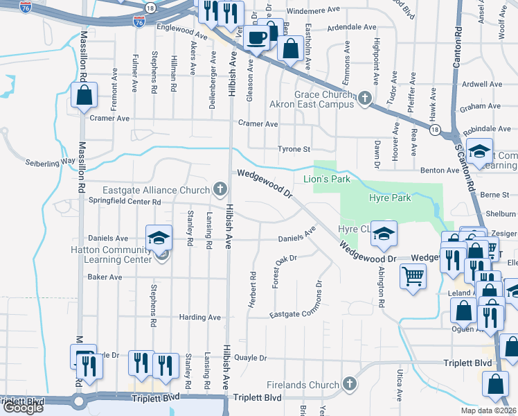 map of restaurants, bars, coffee shops, grocery stores, and more near 2184 Lynn Drive in Akron