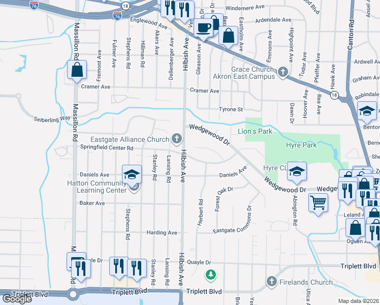 map of restaurants, bars, coffee shops, grocery stores, and more near 2099 Springfield Center Road in Akron