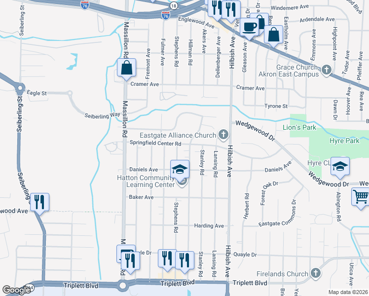 map of restaurants, bars, coffee shops, grocery stores, and more near 332 Hillman Road in Akron