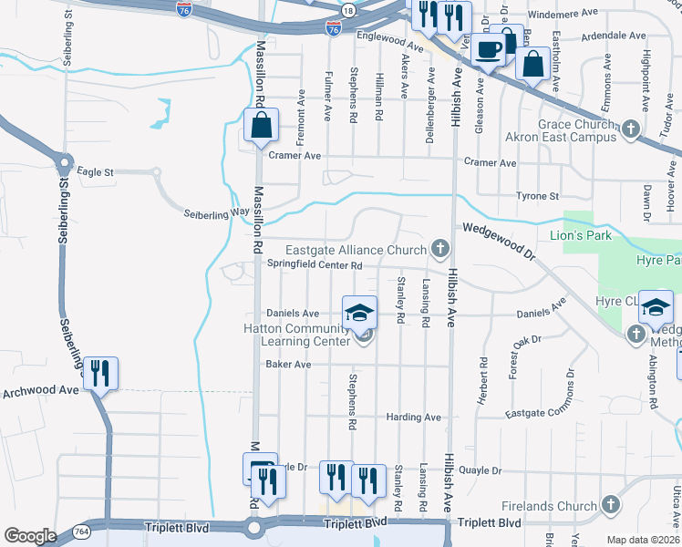 map of restaurants, bars, coffee shops, grocery stores, and more near 349 Fulmer Avenue in Akron