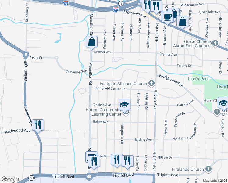 map of restaurants, bars, coffee shops, grocery stores, and more near 349 Fulmer Avenue in Akron