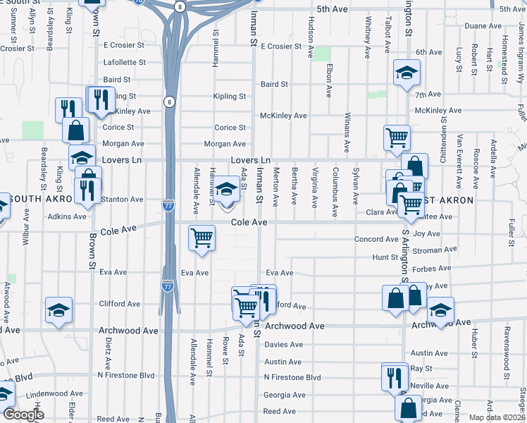 map of restaurants, bars, coffee shops, grocery stores, and more near 967 Inman Street in Akron