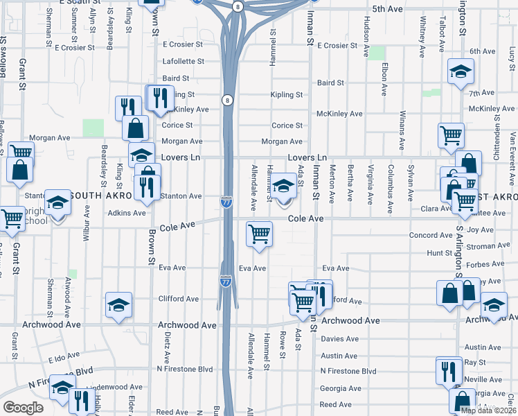 map of restaurants, bars, coffee shops, grocery stores, and more near 1000 Allendale Avenue in Akron