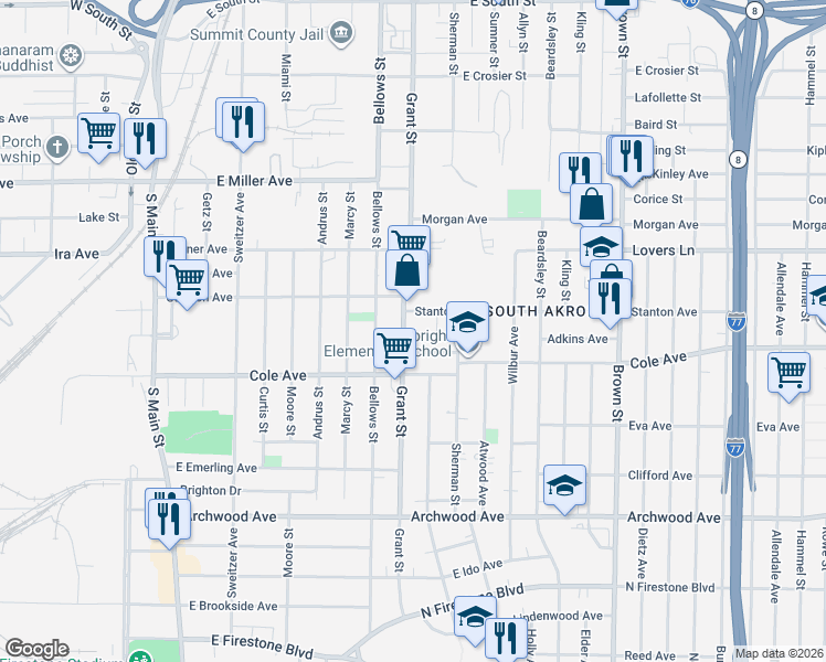 map of restaurants, bars, coffee shops, grocery stores, and more near 1136 Hinman Court in Akron