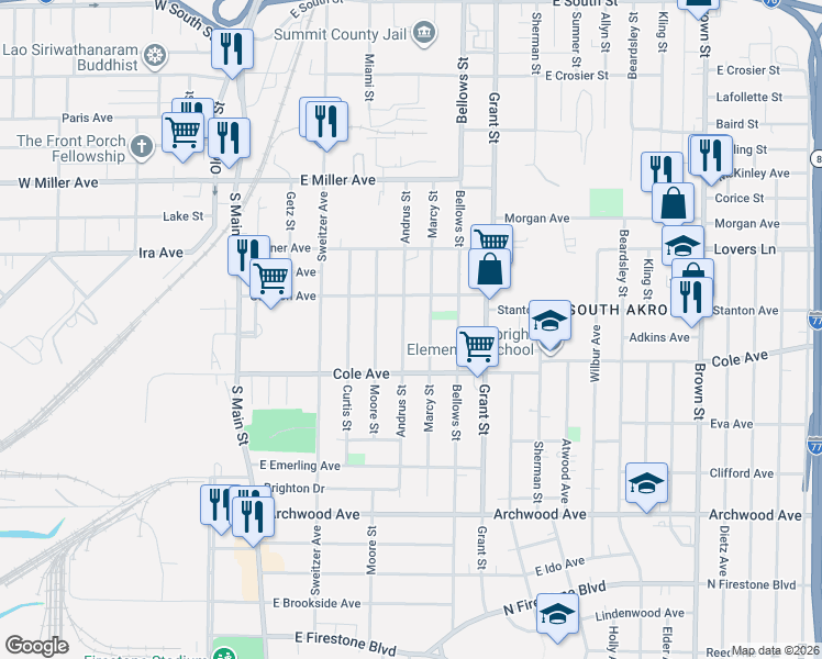 map of restaurants, bars, coffee shops, grocery stores, and more near 1282 Andrus Street in Akron