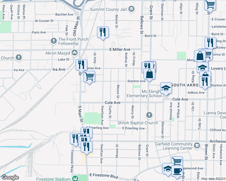 map of restaurants, bars, coffee shops, grocery stores, and more near 1281 Curtis Street in Akron