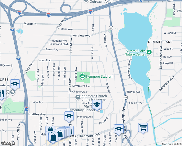 map of restaurants, bars, coffee shops, grocery stores, and more near 1896 9th Street Southwest in Akron