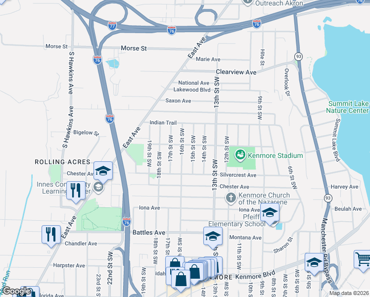 map of restaurants, bars, coffee shops, grocery stores, and more near 1904 15th Street Southwest in Akron