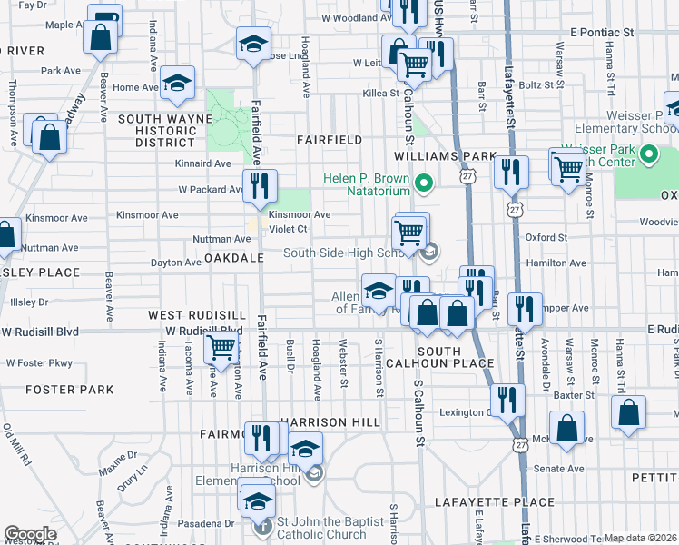map of restaurants, bars, coffee shops, grocery stores, and more near 332 West Oakdale Drive in Fort Wayne