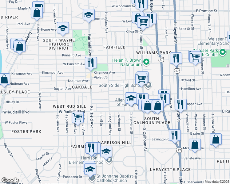 map of restaurants, bars, coffee shops, grocery stores, and more near 332 West Oakdale Drive in Fort Wayne