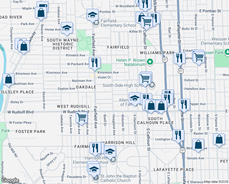 map of restaurants, bars, coffee shops, grocery stores, and more near 332 West Oakdale Drive in Fort Wayne