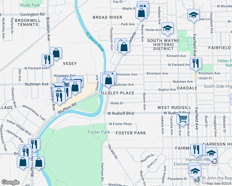 map of restaurants, bars, coffee shops, grocery stores, and more near 3611 Broadway in Fort Wayne
