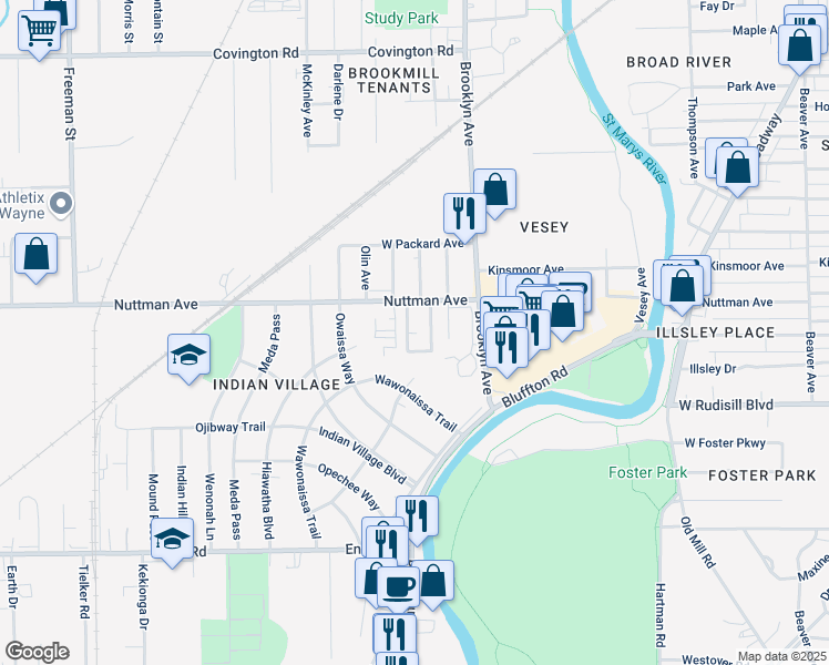 map of restaurants, bars, coffee shops, grocery stores, and more near 2100 Cheyenne Drive in Fort Wayne