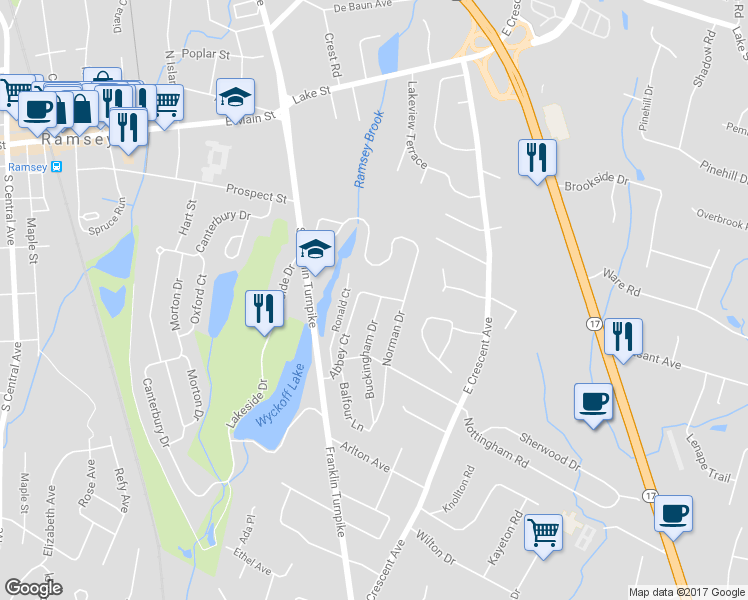 map of restaurants, bars, coffee shops, grocery stores, and more near 5 Buckingham Drive in Ramsey