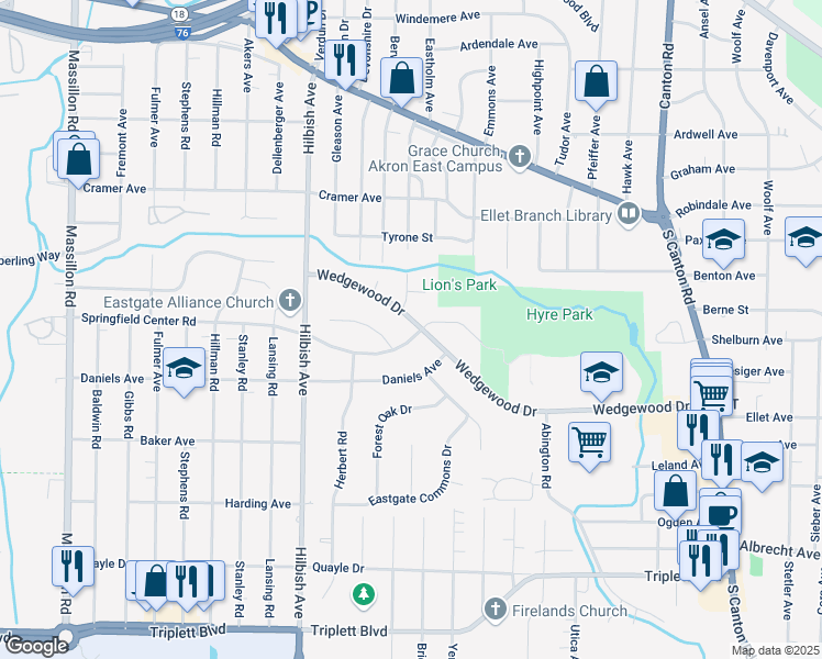map of restaurants, bars, coffee shops, grocery stores, and more near 2199 Springfield Center Road in Akron