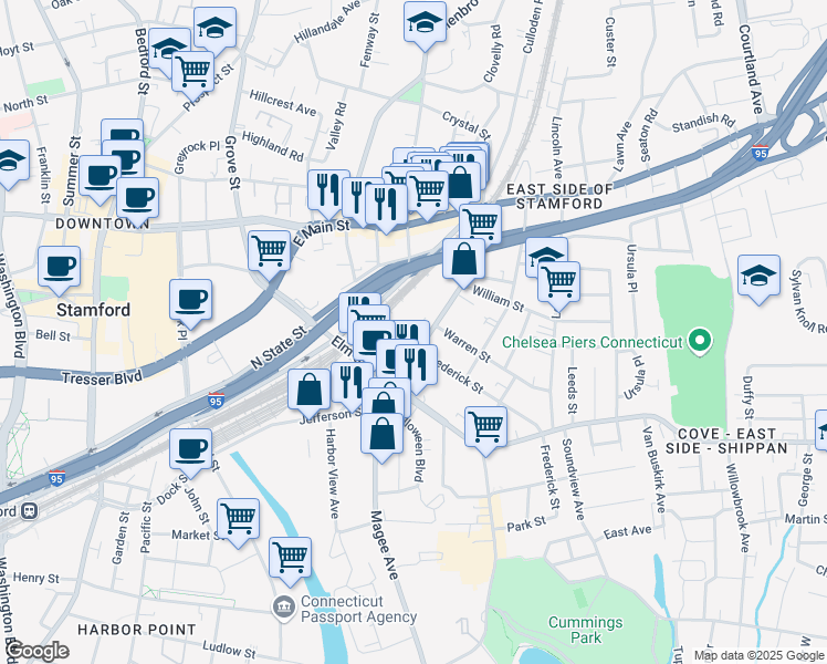 map of restaurants, bars, coffee shops, grocery stores, and more near 129 Myrtle Avenue in Stamford