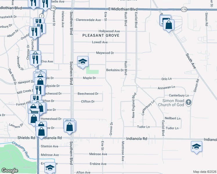 map of restaurants, bars, coffee shops, grocery stores, and more near 4546 Grover Drive in Youngstown