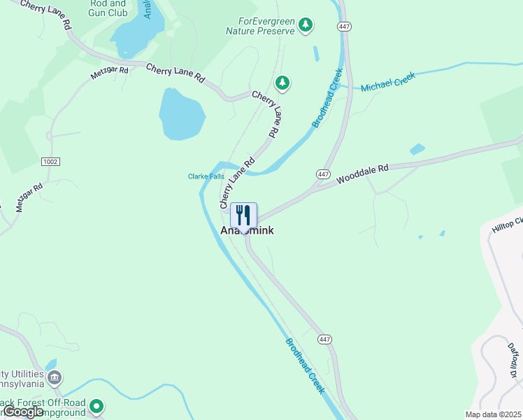 map of restaurants, bars, coffee shops, grocery stores, and more near 2375 Paradise Trail in Analomink