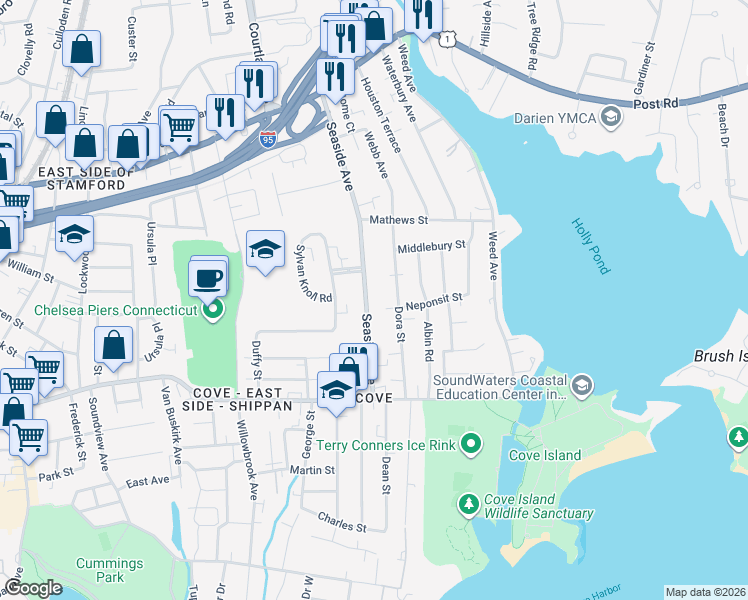 map of restaurants, bars, coffee shops, grocery stores, and more near 200 Seaside Avenue in Stamford
