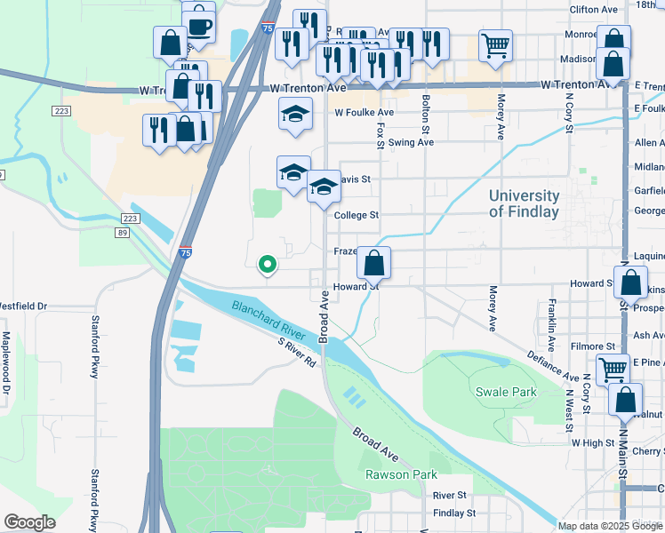 map of restaurants, bars, coffee shops, grocery stores, and more near 915 Broad Avenue in Findlay