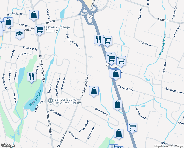 map of restaurants, bars, coffee shops, grocery stores, and more near 8 Crescent Hollow Court in Ramsey