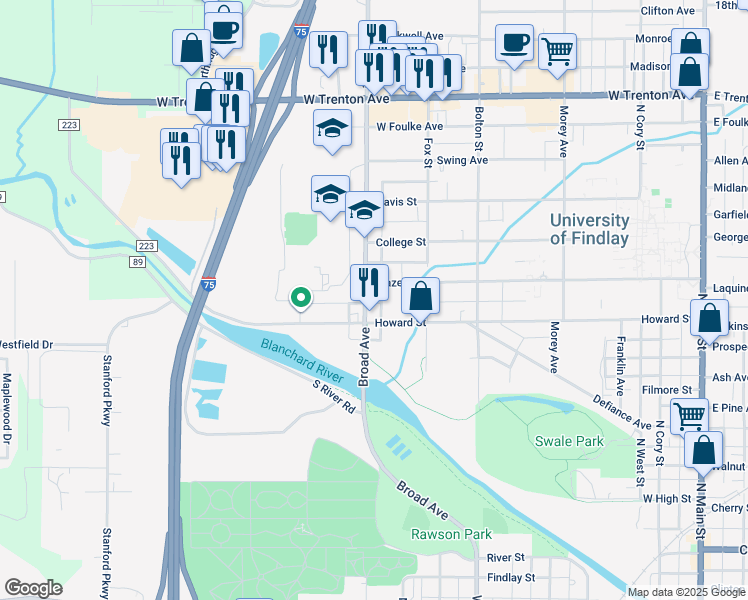 map of restaurants, bars, coffee shops, grocery stores, and more near 915 Broad Avenue in Findlay