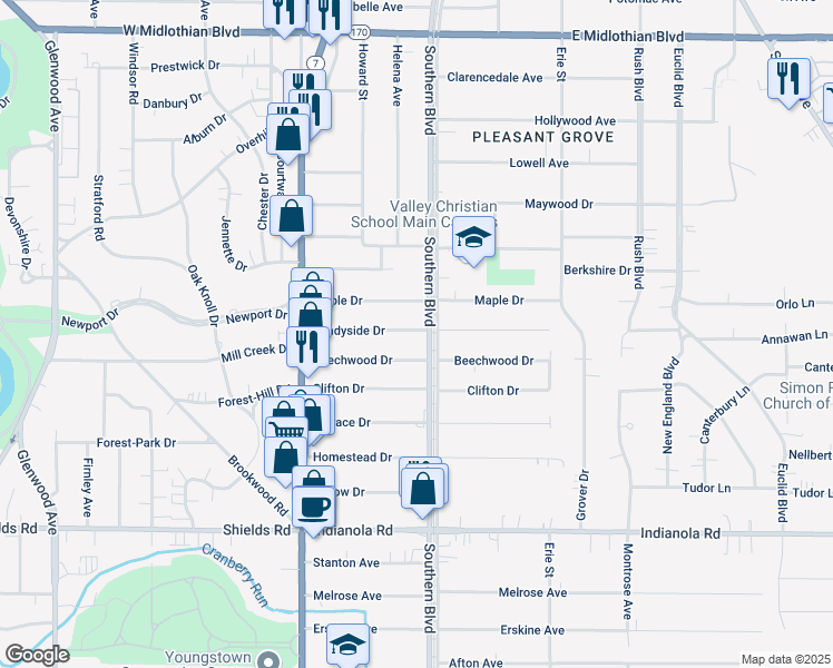 map of restaurants, bars, coffee shops, grocery stores, and more near 4610 Southern Boulevard in Youngstown