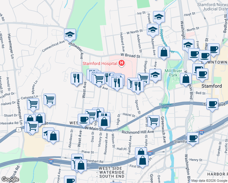 map of restaurants, bars, coffee shops, grocery stores, and more near 186 Stillwater Avenue in Stamford