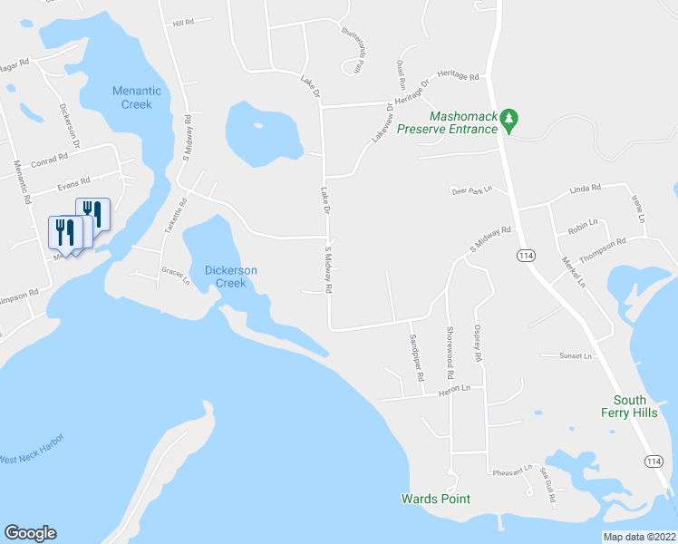 map of restaurants, bars, coffee shops, grocery stores, and more near 99 South Midway Road in Shelter Island