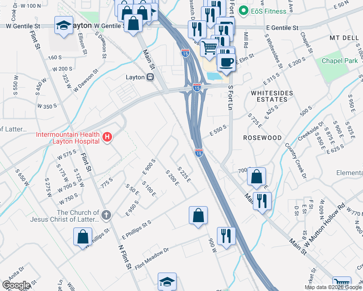 map of restaurants, bars, coffee shops, grocery stores, and more near 282 East 925 South in Layton
