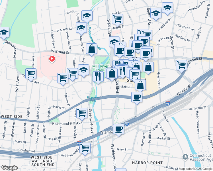 map of restaurants, bars, coffee shops, grocery stores, and more near 17 Relay Place in Stamford