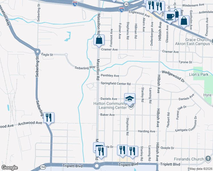 map of restaurants, bars, coffee shops, grocery stores, and more near 328 Baldwin Road in Akron
