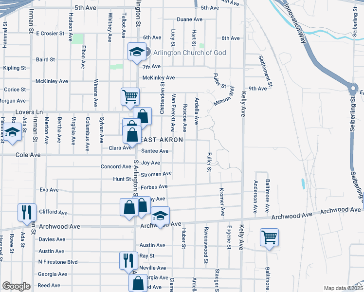 map of restaurants, bars, coffee shops, grocery stores, and more near 633 Van Everett Avenue in Akron