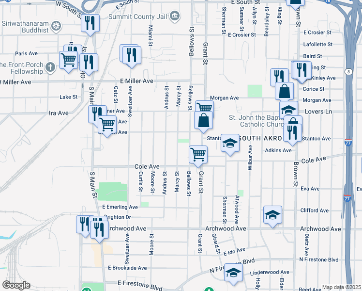 map of restaurants, bars, coffee shops, grocery stores, and more near 1279 Marcy Street in Akron