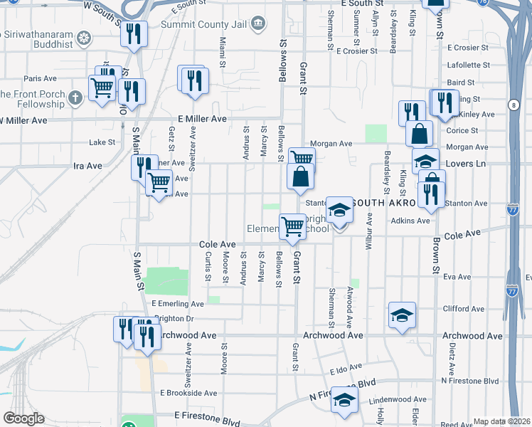 map of restaurants, bars, coffee shops, grocery stores, and more near 1279 Marcy Street in Akron