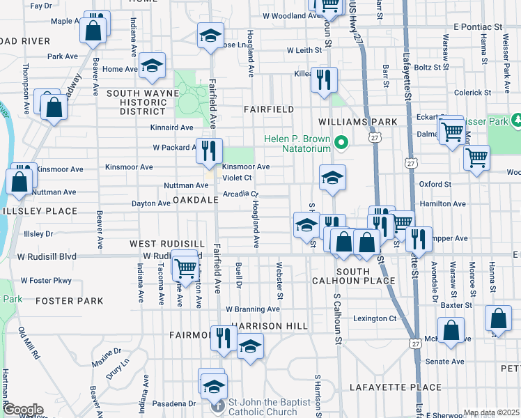 map of restaurants, bars, coffee shops, grocery stores, and more near 332 West Oakdale Drive in Fort Wayne