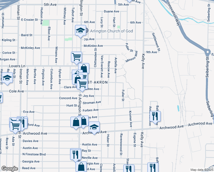 map of restaurants, bars, coffee shops, grocery stores, and more near 633 Van Everett Avenue in Akron