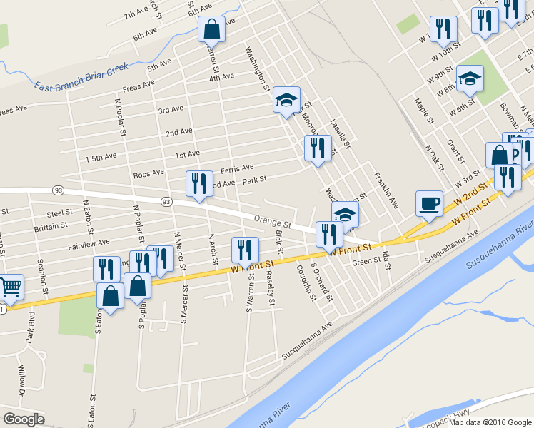 map of restaurants, bars, coffee shops, grocery stores, and more near 1111 Orange Street in Berwick