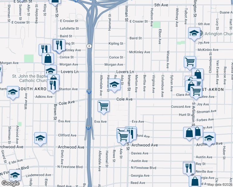map of restaurants, bars, coffee shops, grocery stores, and more near 935 Hammel Street in Akron