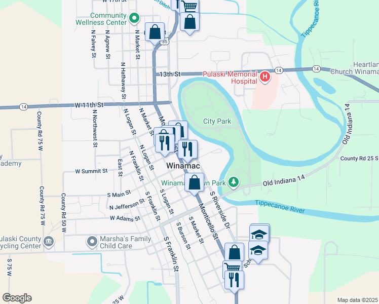 map of restaurants, bars, coffee shops, grocery stores, and more near in Winamac