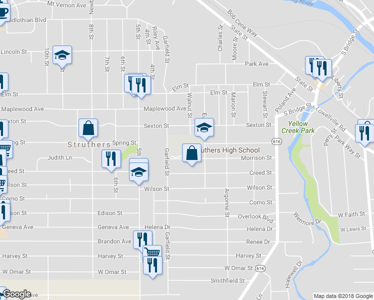 map of restaurants, bars, coffee shops, grocery stores, and more near 111 Euclid Avenue in Struthers